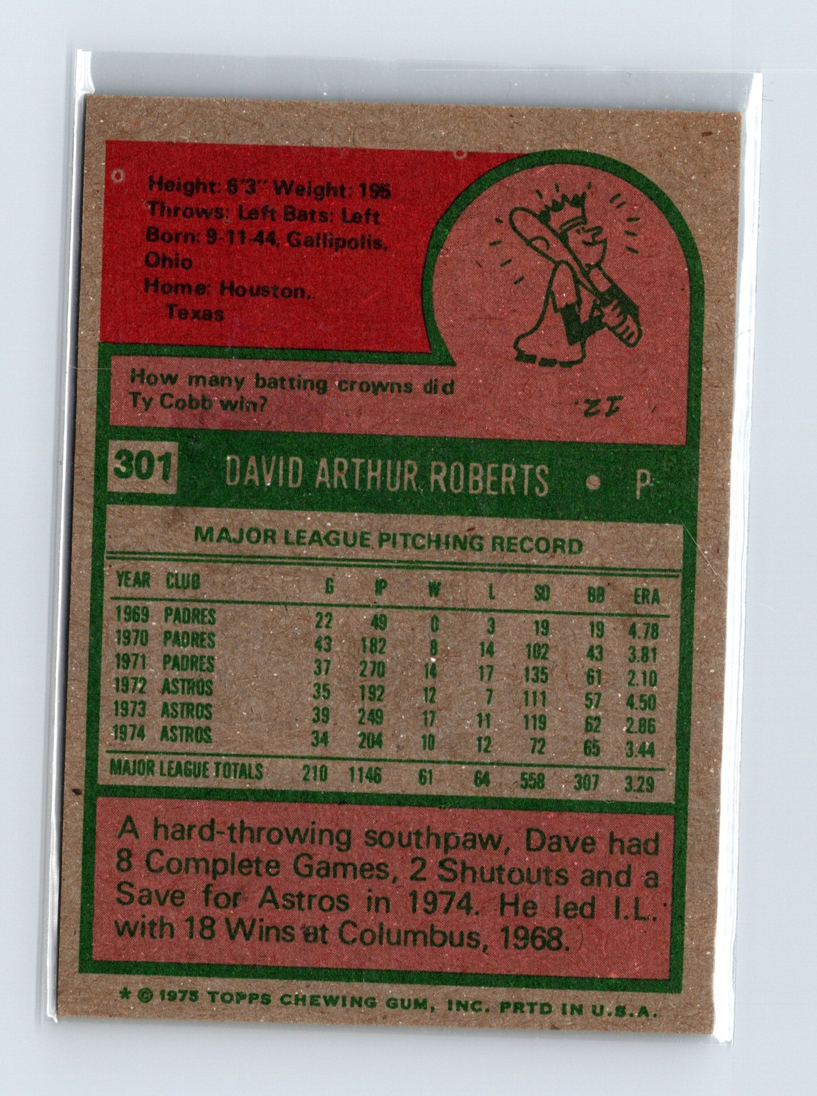 1975 Topps Baseball - SET BREAK - #301 Dave Roberts - Image 2