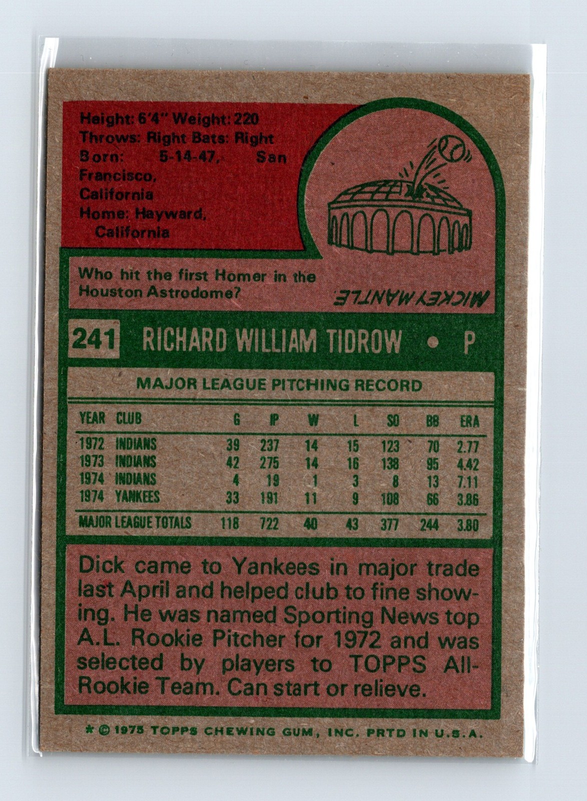 1975 Topps Baseball - SET BREAK - #241 Dick Tidrow - Image 2