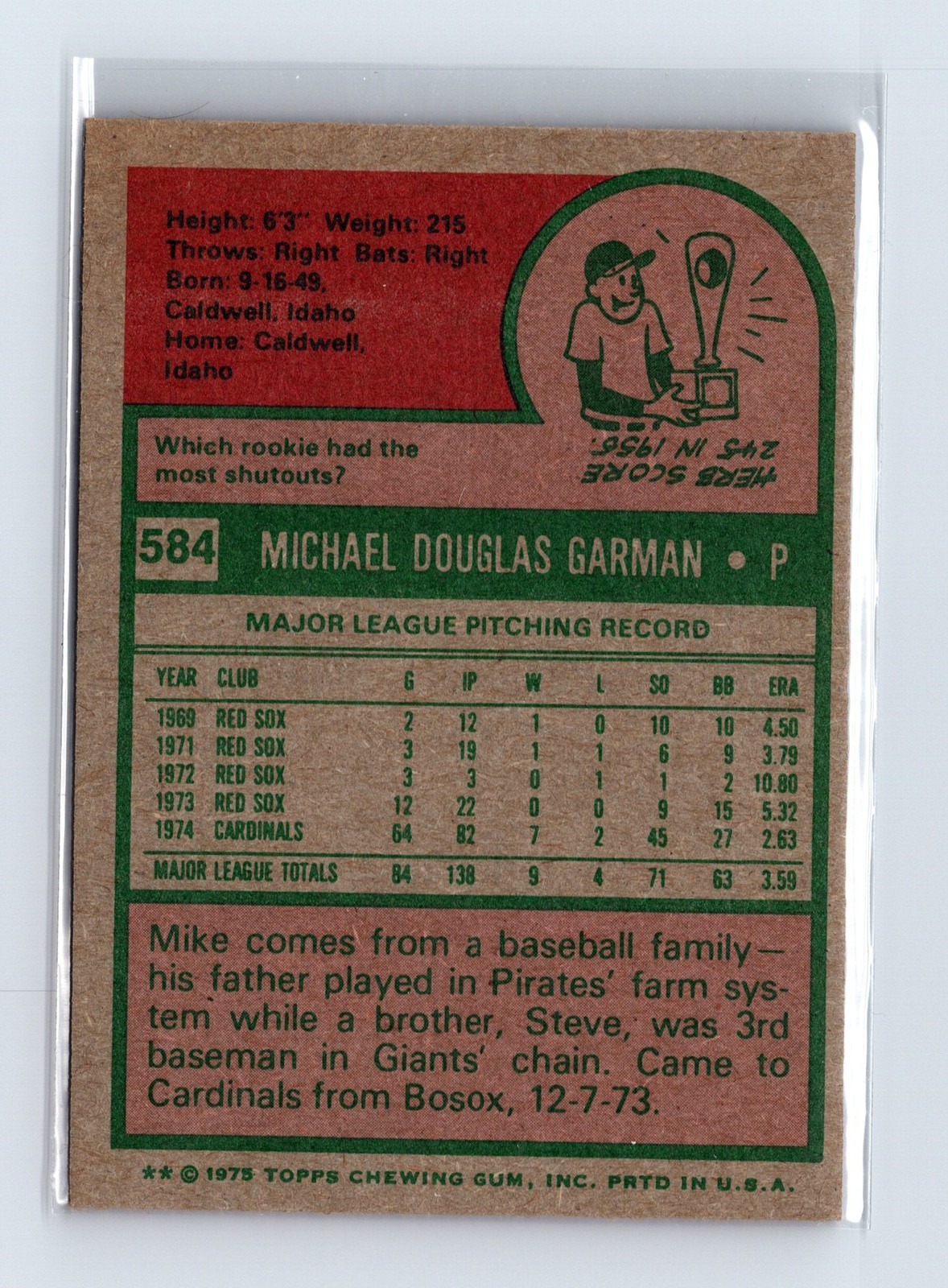 1975 Topps Baseball - SET BREAK - #584 Mike Garman - Image 2