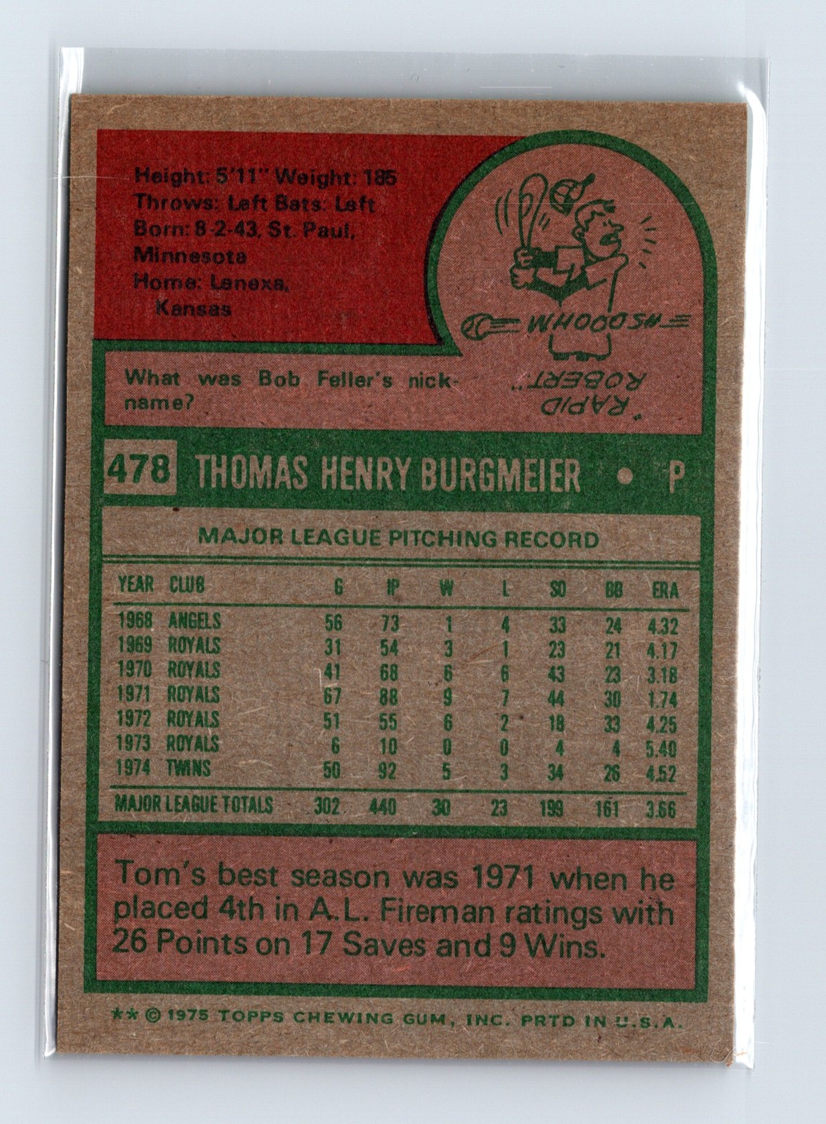 1975 Topps Baseball - SET BREAK - #478 Tom Burgmeier - Image 2