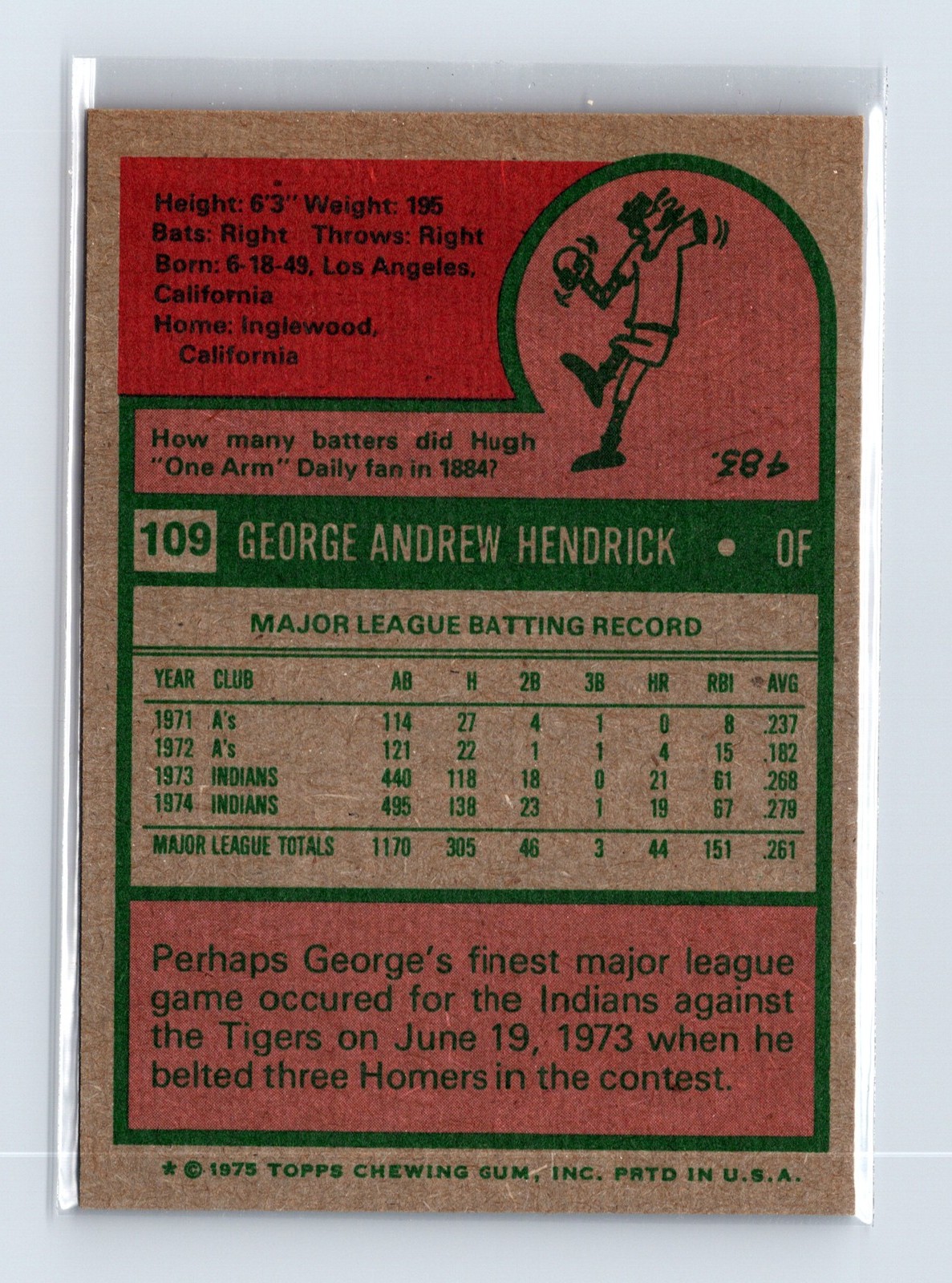 1975 Topps Baseball - SET BREAK - #109 George Hendrick - Image 2