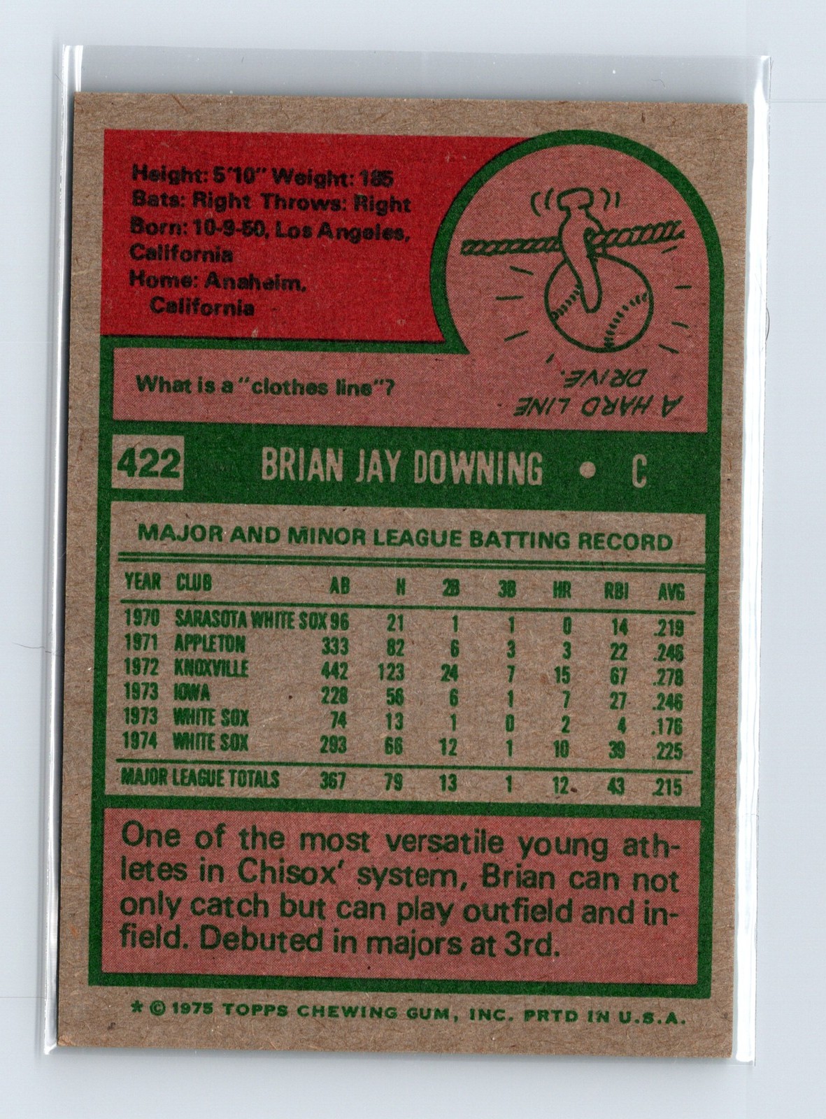 1975 Topps Baseball - SET BREAK - #422 Brian Downing - Image 2