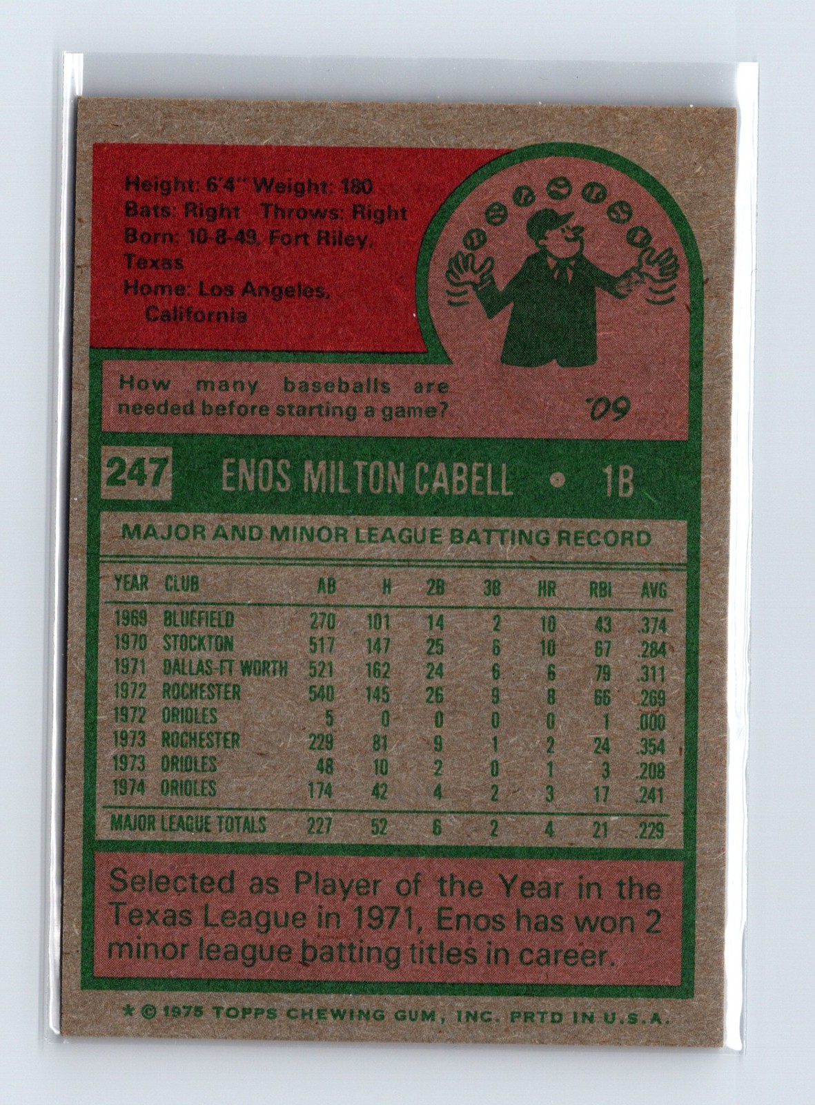 1975 Topps Baseball - SET BREAK - #247 Enos Cabell - Image 2