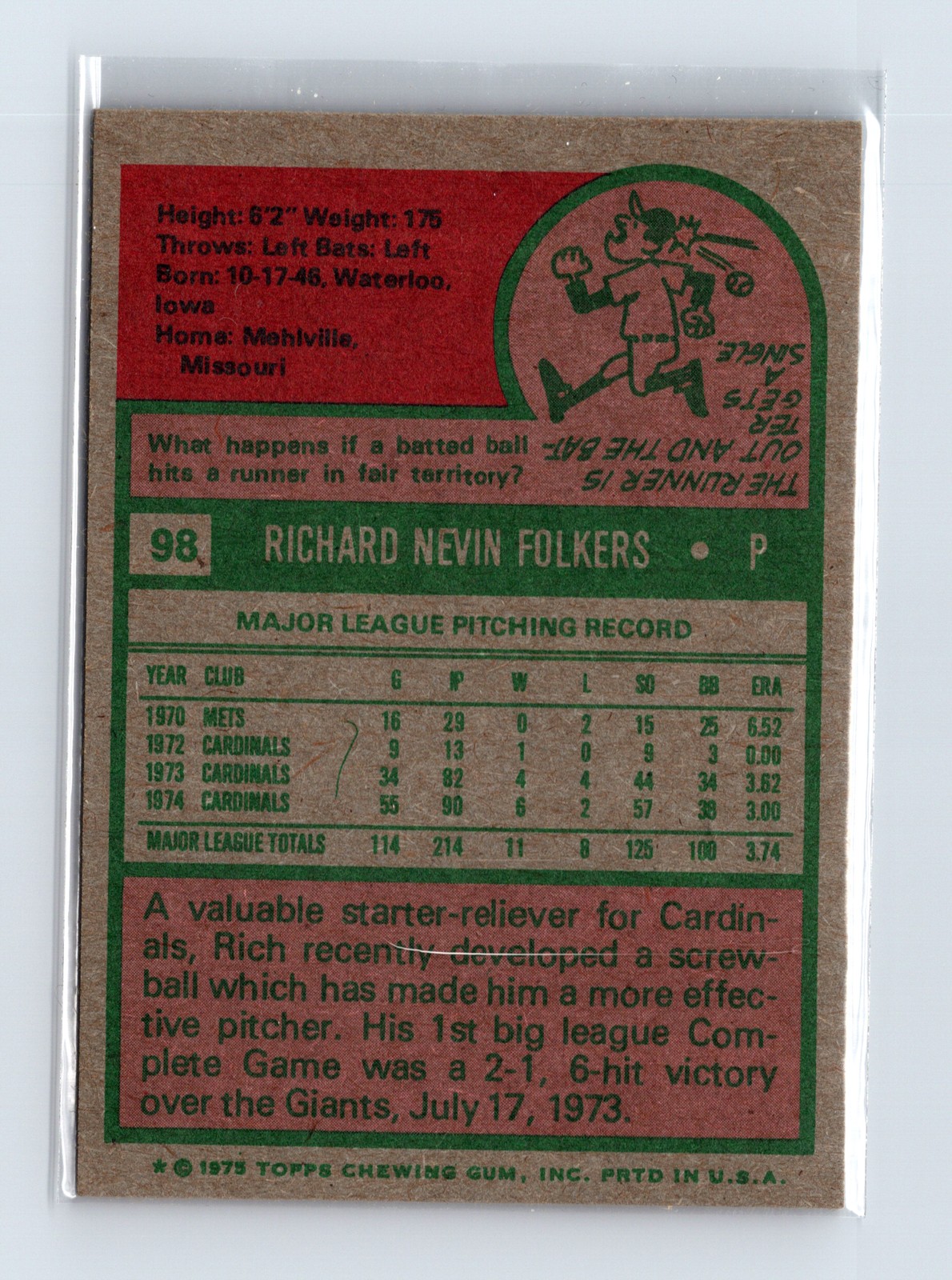 1975 Topps Baseball - SET BREAK - #98 Rich Folkers - Image 2