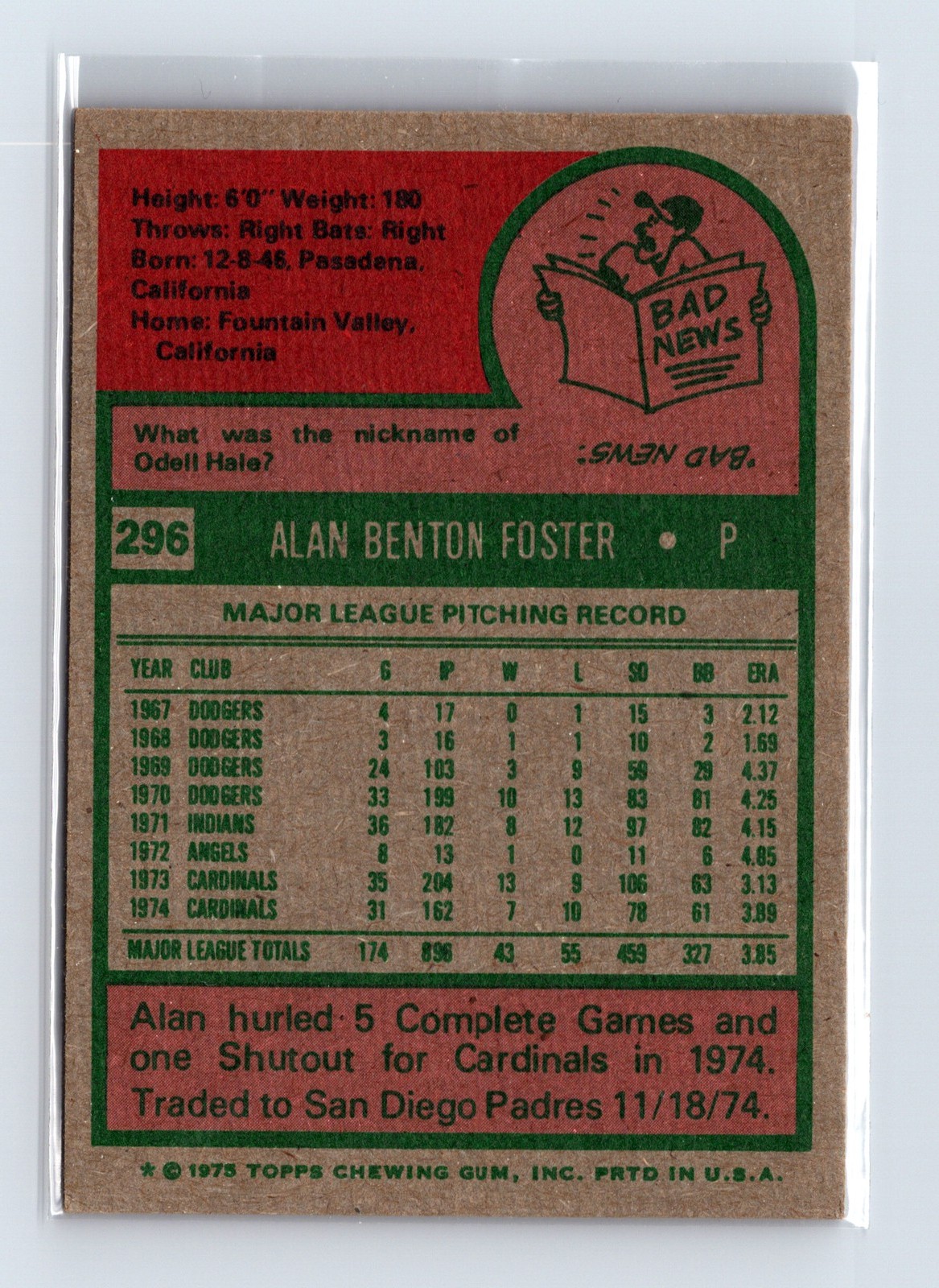 1975 Topps Baseball - SET BREAK - #296 Alan Foster - Image 2