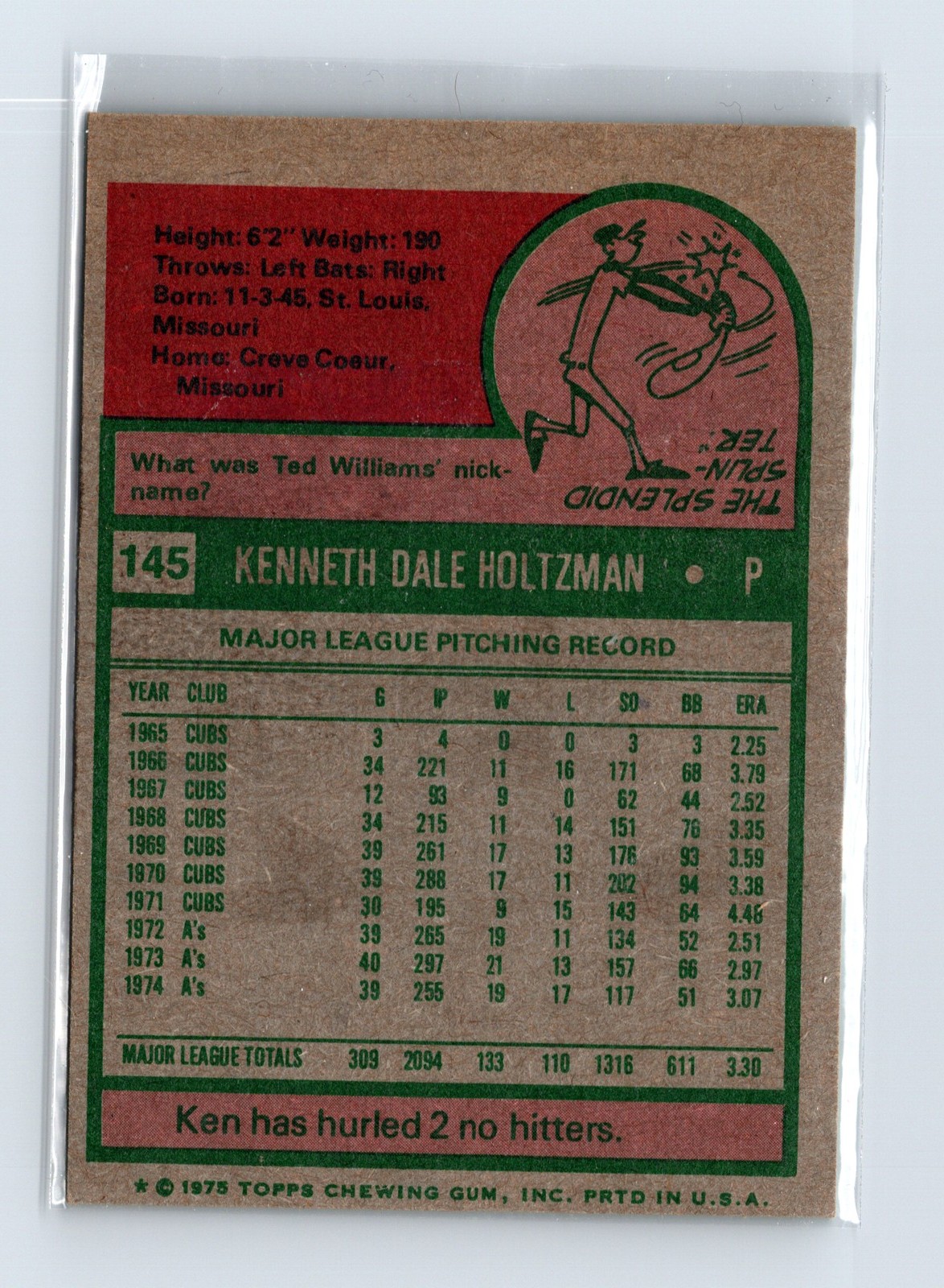 1975 Topps Baseball - SET BREAK - #145 Ken Holtzman - Image 2