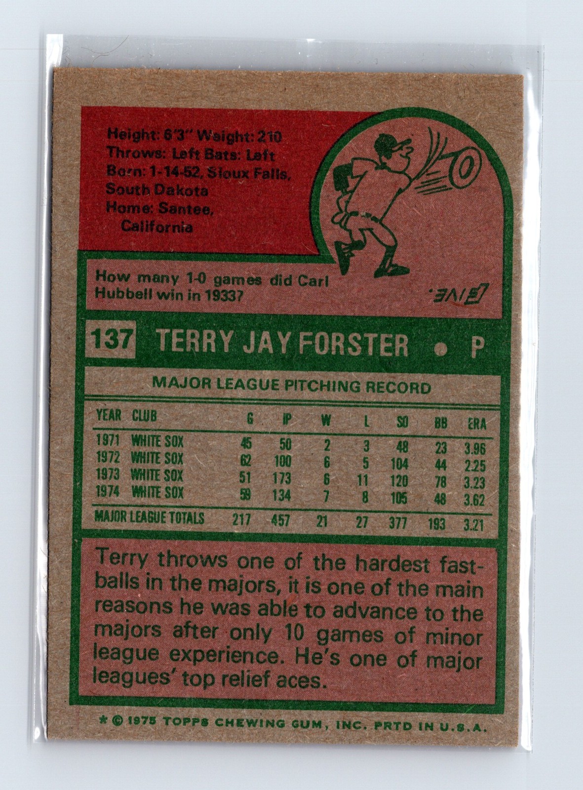 1975 Topps Baseball - SET BREAK - #137 Terry Forster - Image 2
