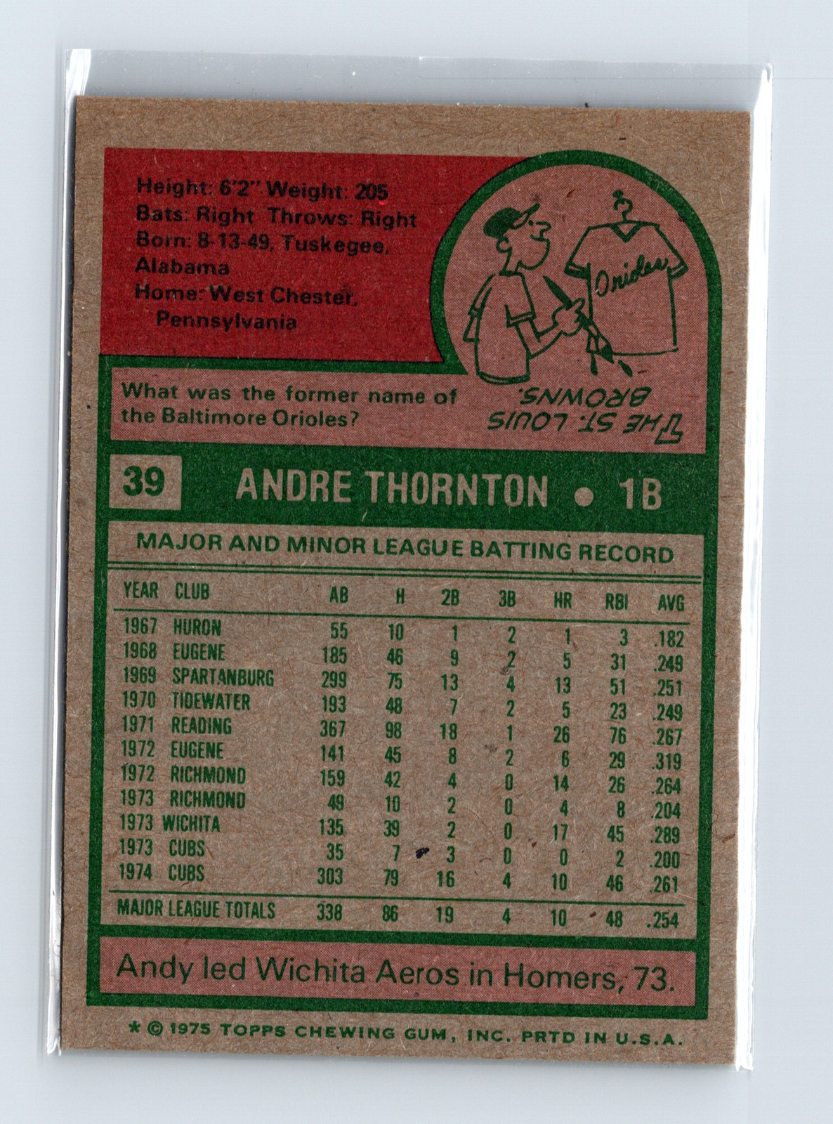 1975 Topps Baseball - SET BREAK - #39 Andy Thornton - Image 2