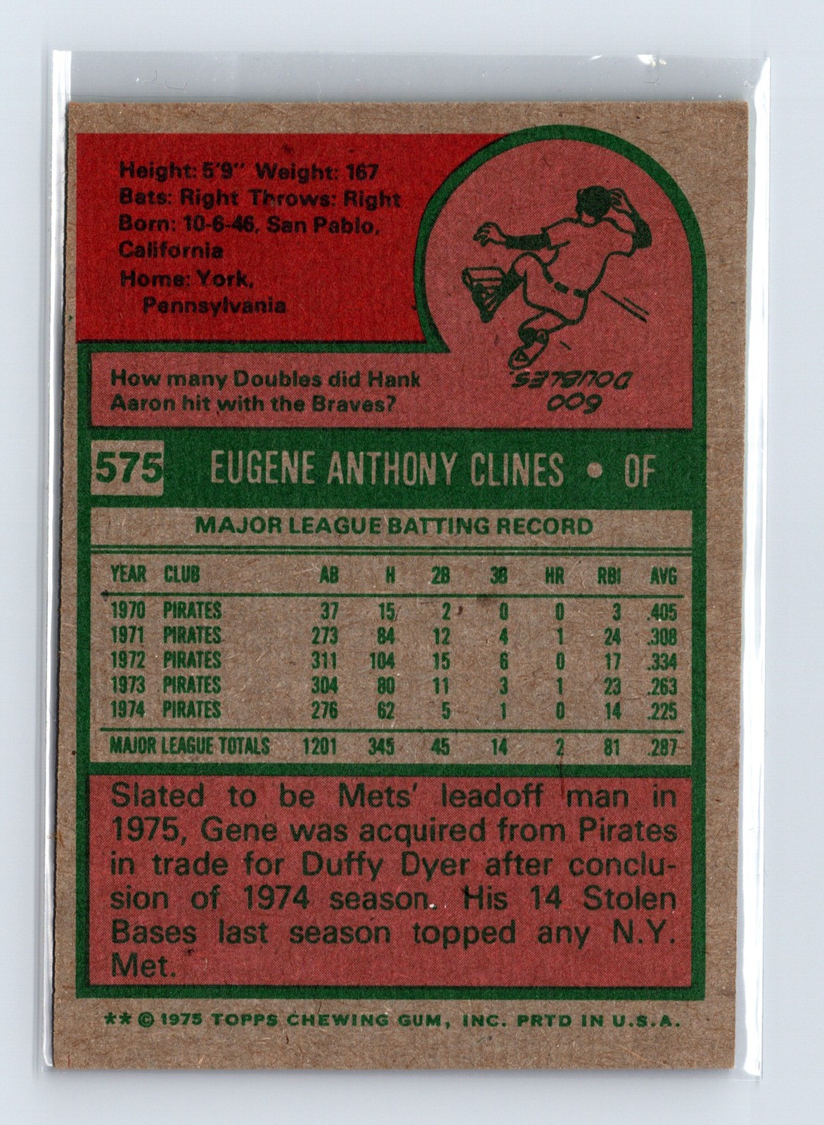 1975 Topps Baseball - SET BREAK - #575 Gene Clines - Image 2