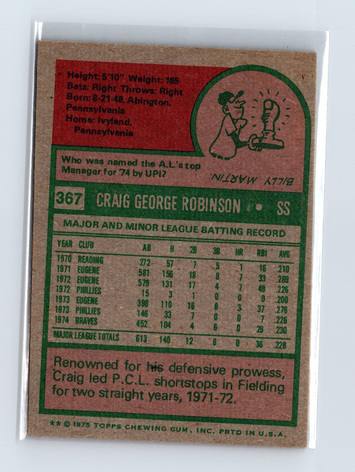 1975 Topps Baseball - SET BREAK - #367 Craig Robinson - Image 2