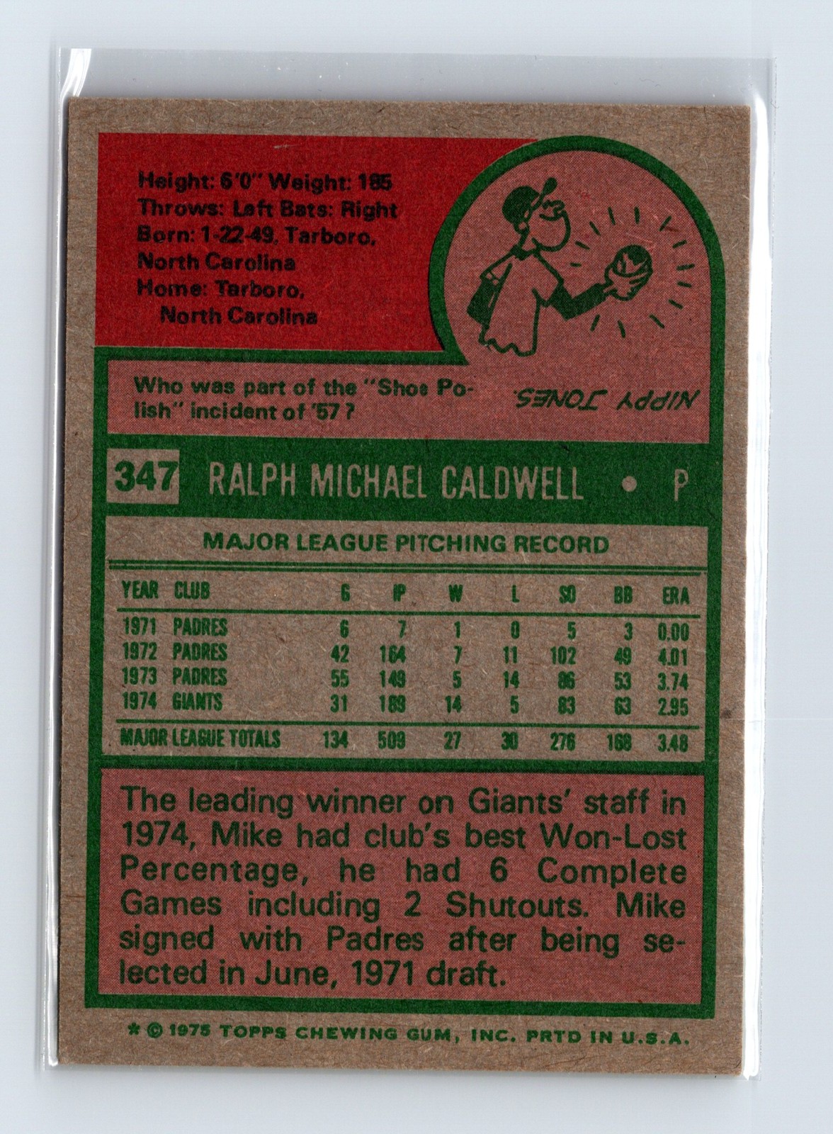 1975 Topps Baseball - SET BREAK - #347 Mike Caldwell - Image 2