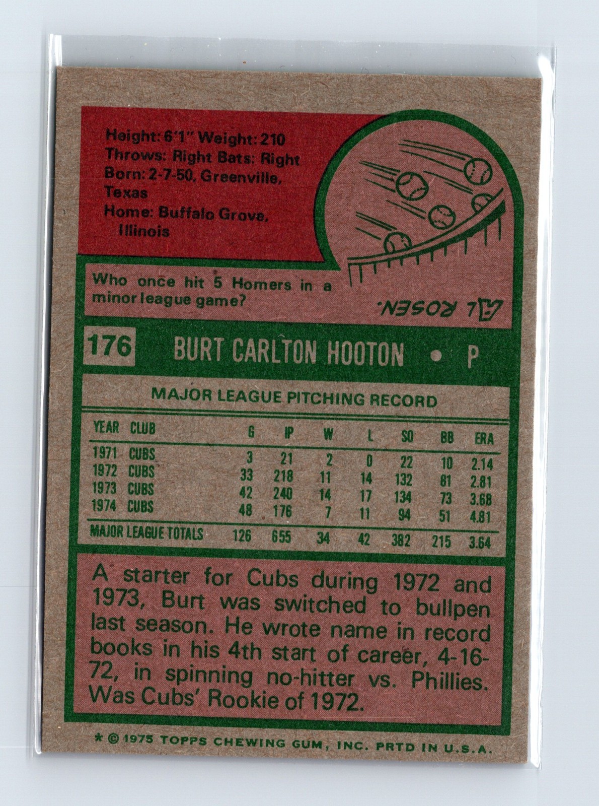 1975 Topps Baseball - SET BREAK - #176 Burt Hooton - Image 2