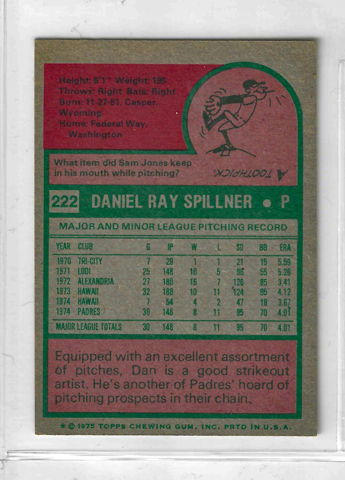 1975 Topps MINI Baseball - SET BREAK - Dan Spillner (RC) #222 - Image 2