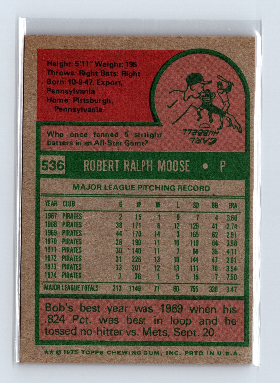 1975 Topps Baseball - SET BREAK - #536 Bob Moose - Image 2