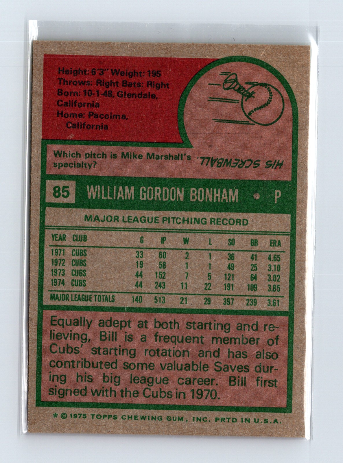 1975 Topps Baseball - SET BREAK - #85 Bill Bonham - Image 2