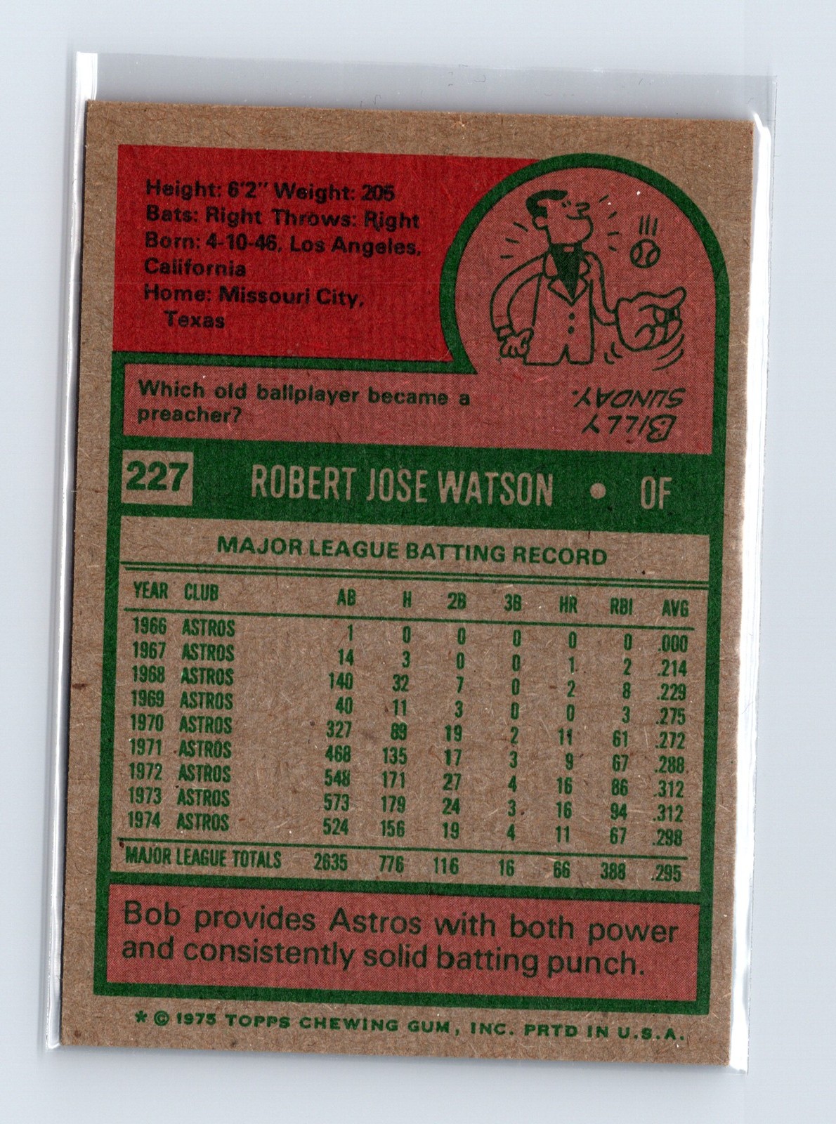 1975 Topps Baseball - SET BREAK - #227 Bob Watson - Image 2