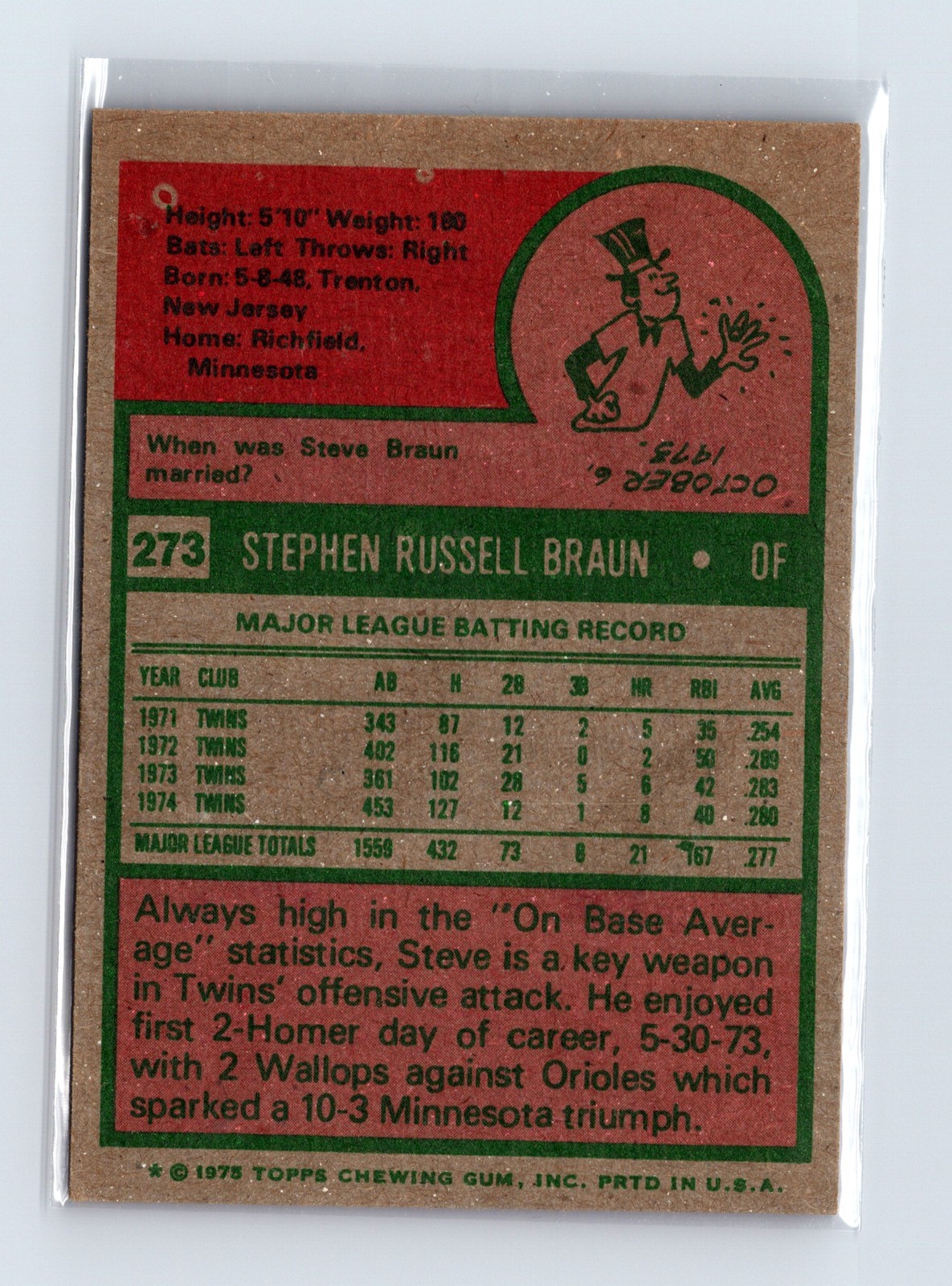 1975 Topps Baseball - SET BREAK - #273 Steve Braun - Image 2