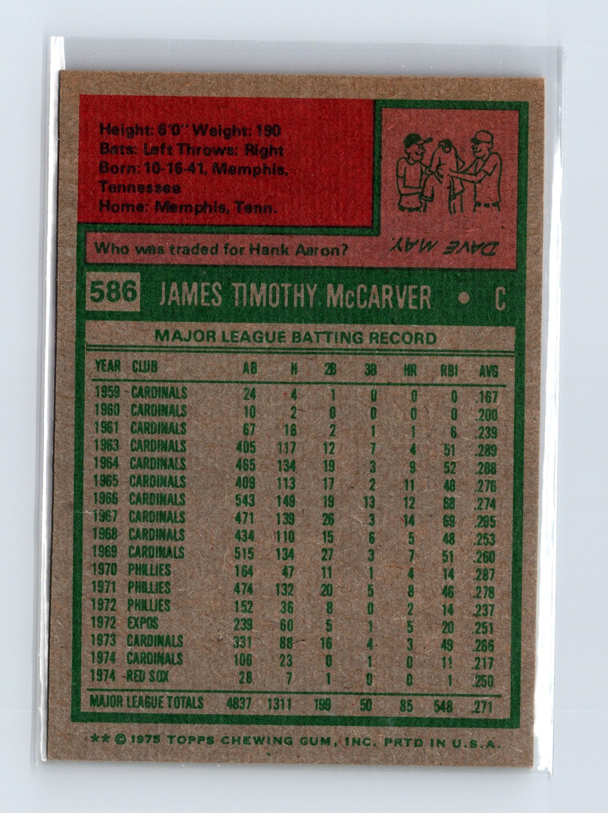 1975 Topps Baseball - SET BREAK - #586 Tim McCarver - Image 2
