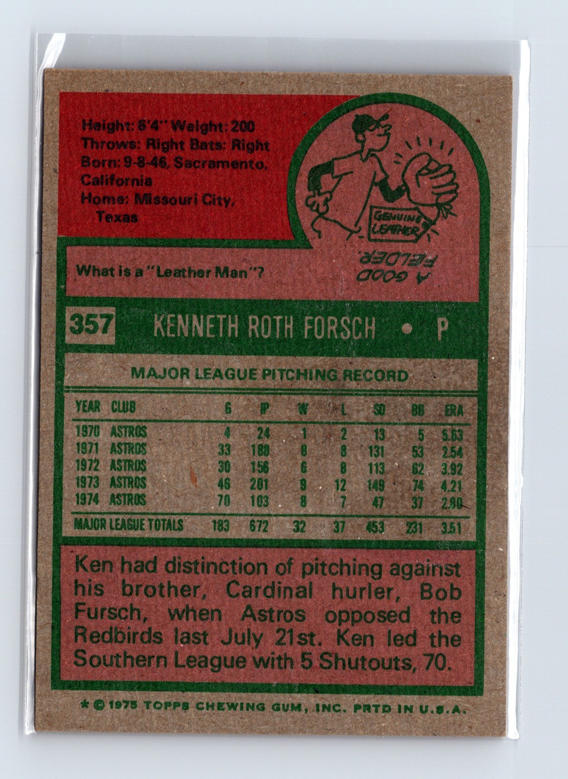 1975 Topps Baseball - SET BREAK - #357 Ken Forsch - Image 2