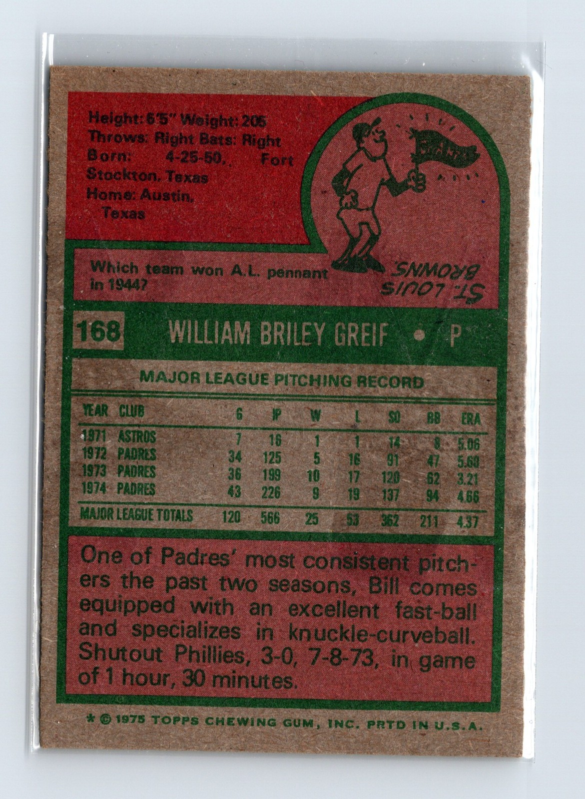 1975 Topps Baseball - SET BREAK - #168 Bill Greif - Image 2