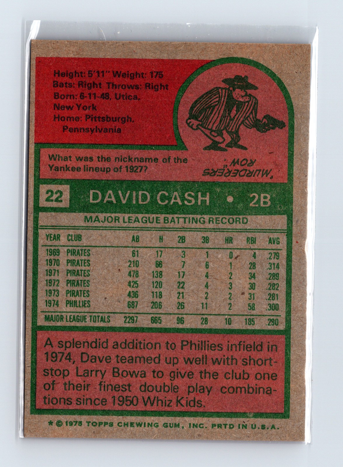 1975 Topps Baseball - SET BREAK - #22 Dave Cash - Image 2