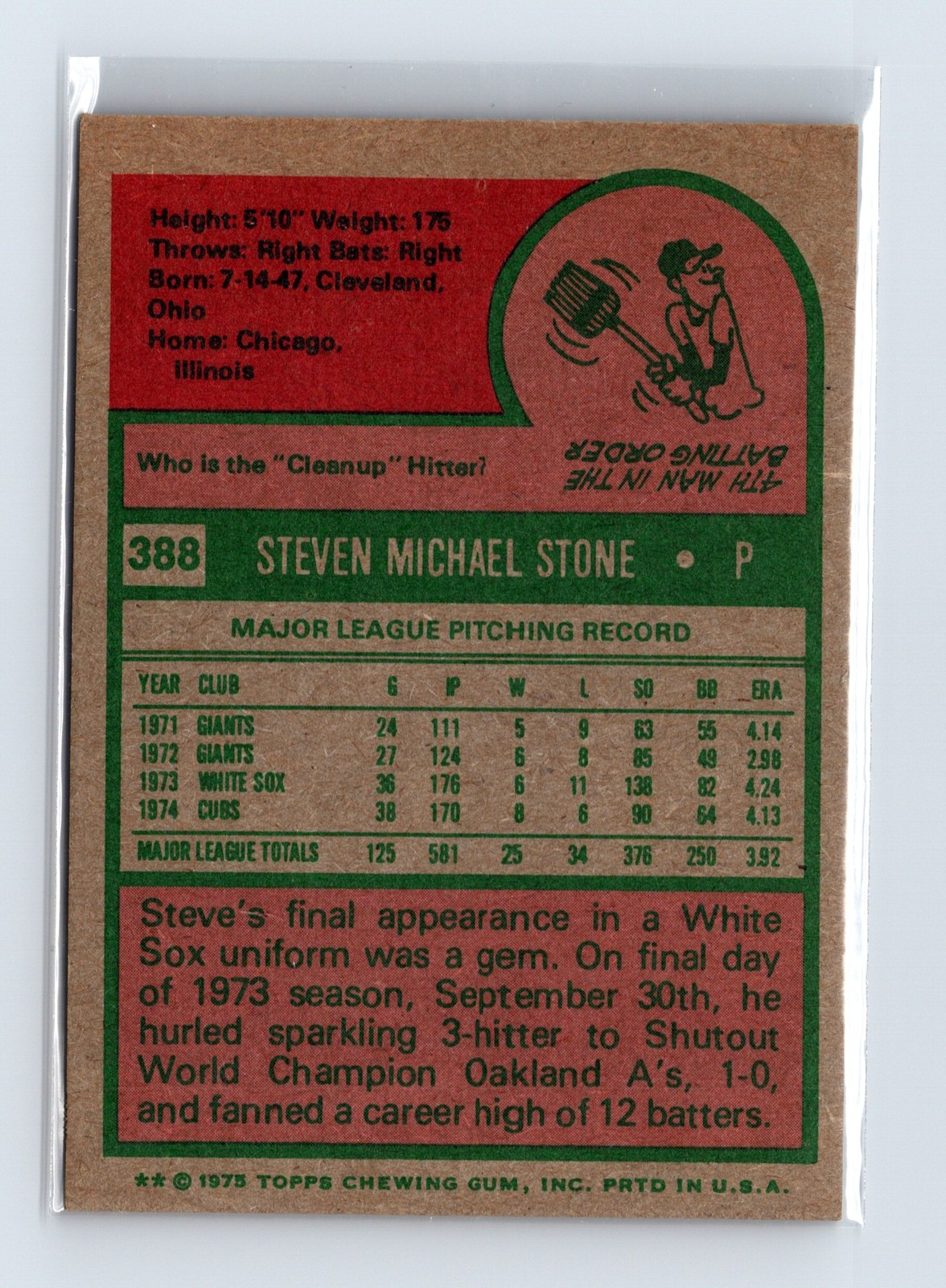 1975 Topps Baseball - SET BREAK - #388 Steve Stone - Image 2