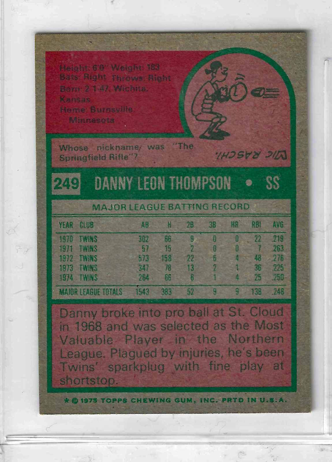 1975 Topps MINI Baseball - SET BREAK - Danny Thompson #249 - Image 2