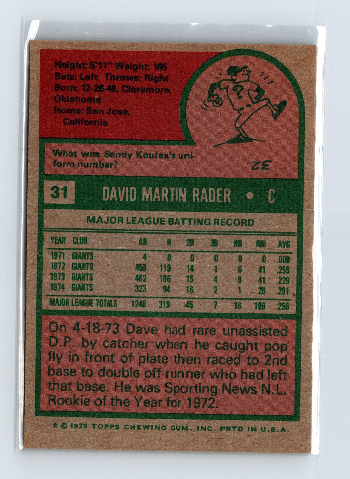 1975 Topps Baseball - SET BREAK - #31 Dave Rader - Image 2