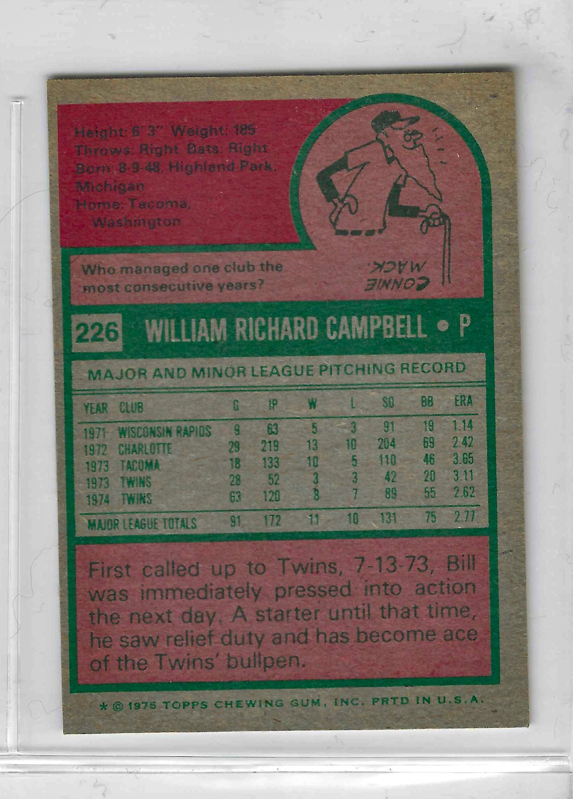 1975 Topps MINI Baseball - SET BREAK - Bill Campbell #226 - Image 2