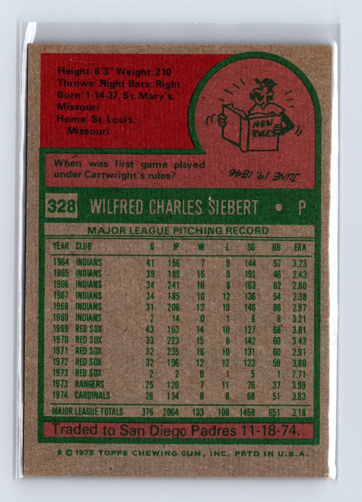 1975 Topps Baseball - SET BREAK - #328 Sonny Siebert - Image 2