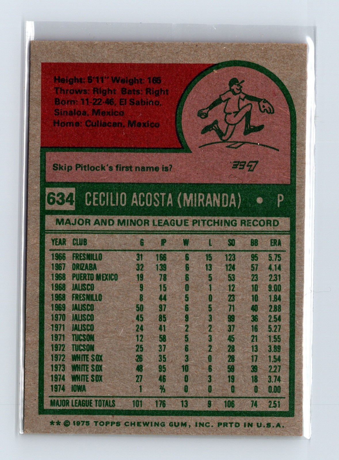 1975 Topps Baseball - SET BREAK - #634 Cy Acosta - Image 2