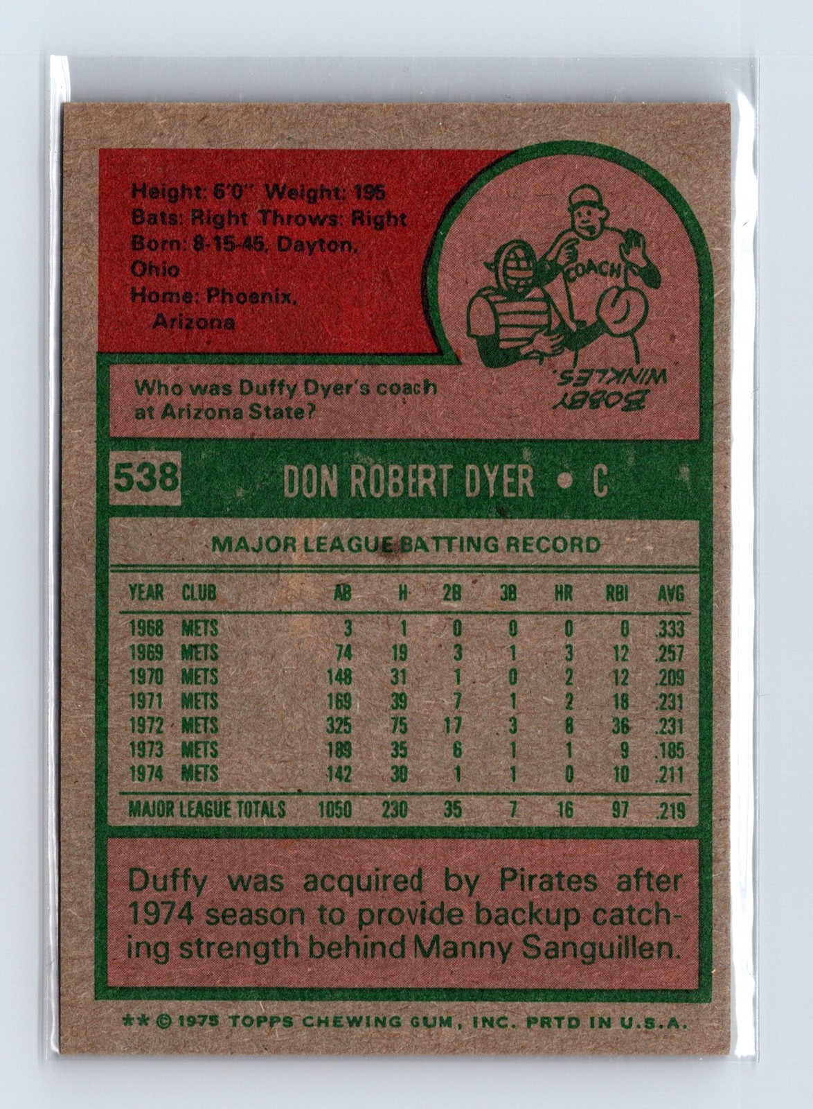 1975 Topps Baseball - SET BREAK - #538 Duffy Dyer - Image 2