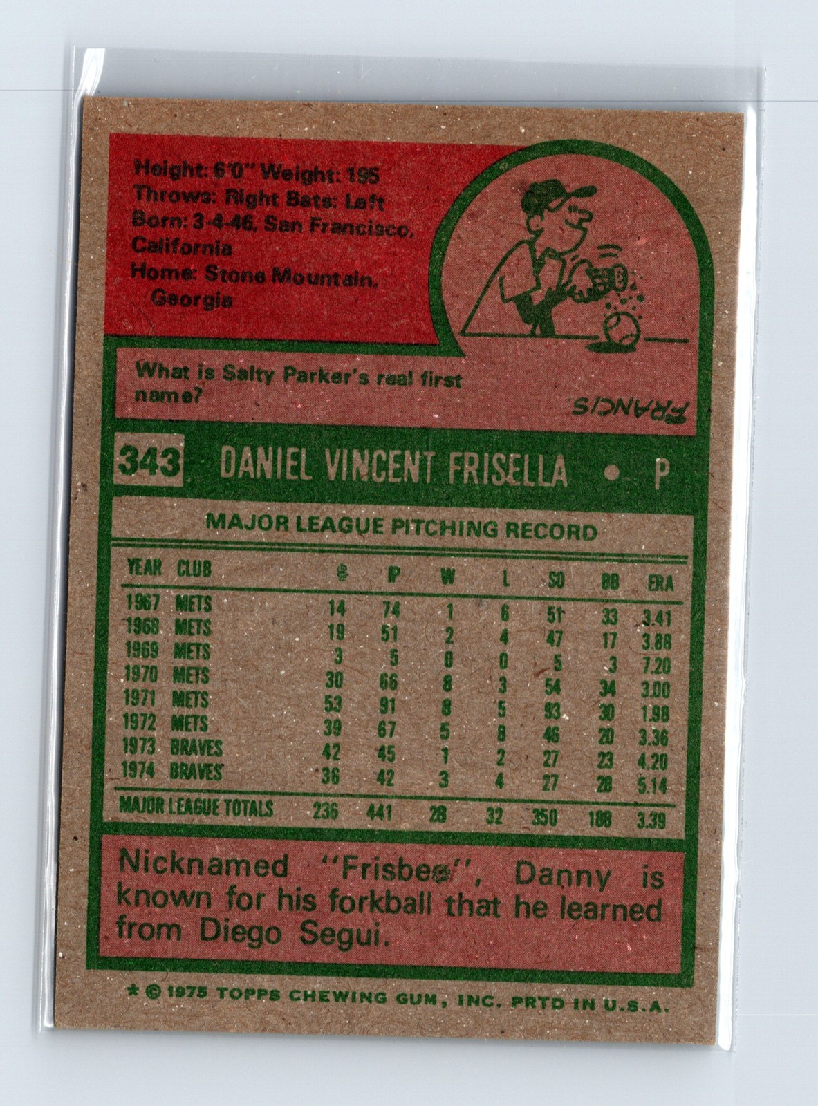 1975 Topps Baseball - SET BREAK - #343 Danny Frisella - Image 2