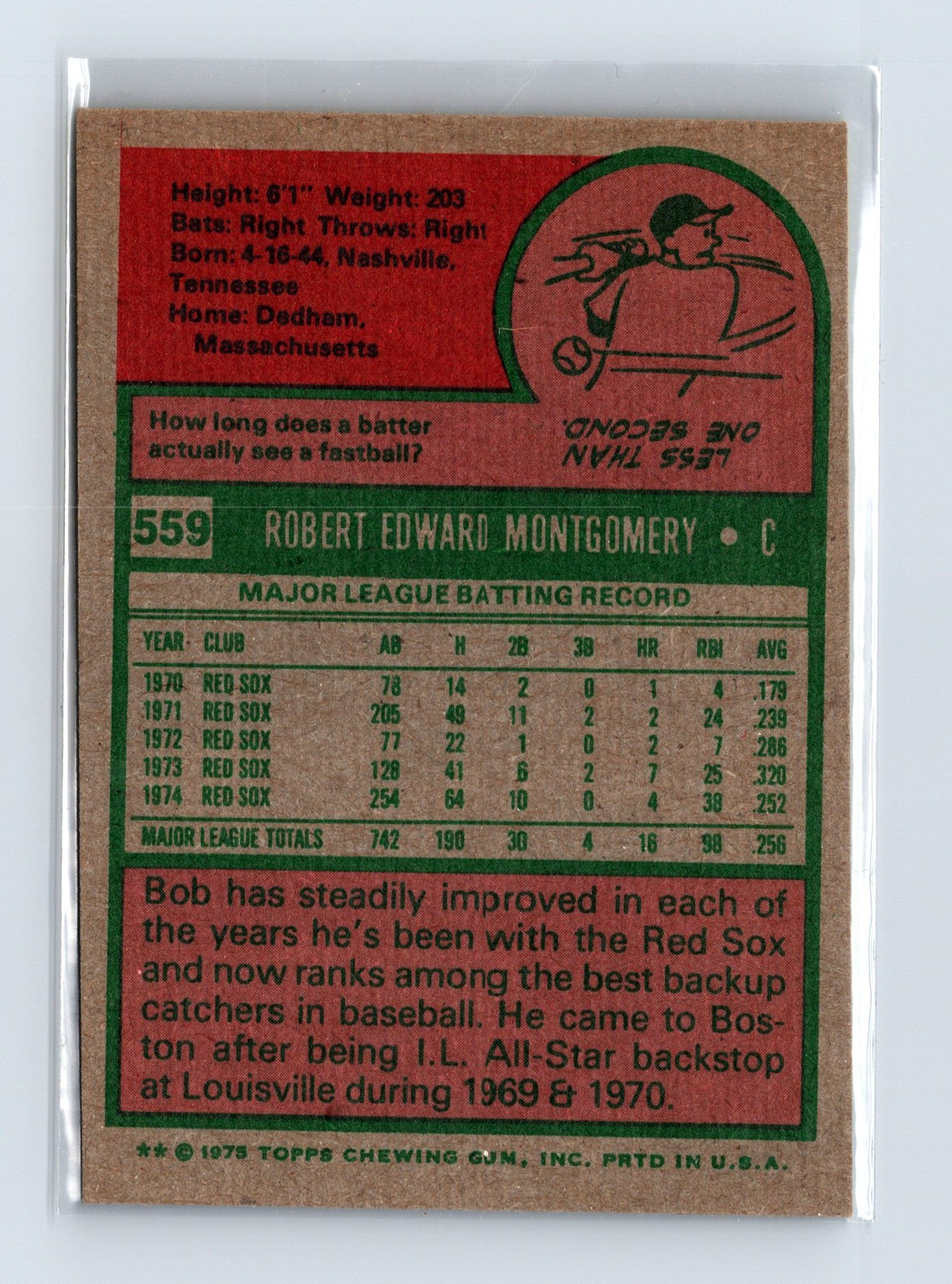 1975 Topps Baseball - SET BREAK - #559 Bob Montgomery - Image 2