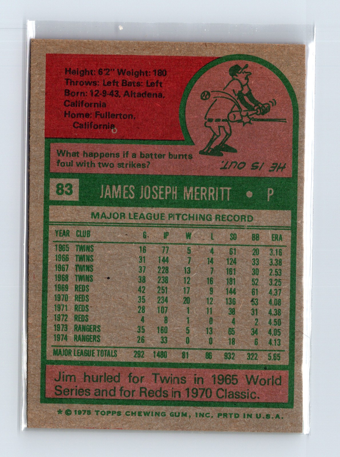 1975 Topps Baseball - SET BREAK - #83 Jim Merritt - Image 2