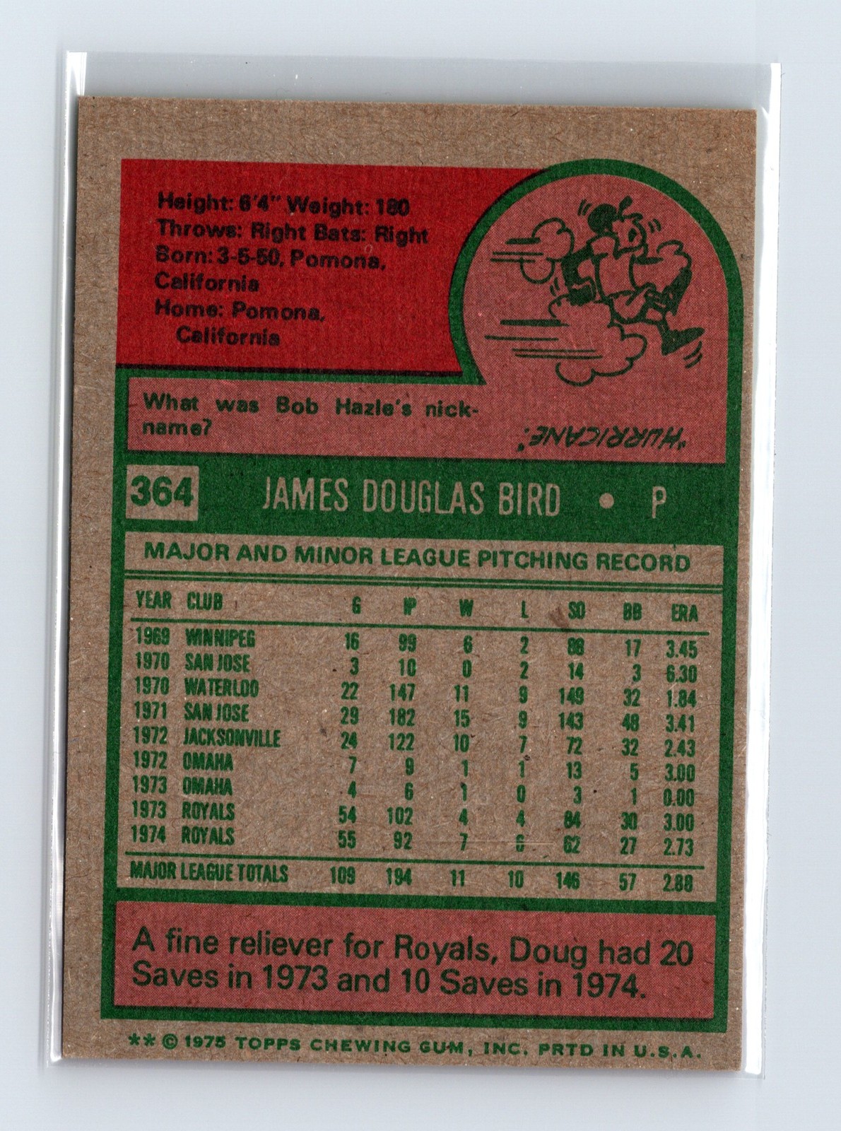 1975 Topps Baseball - SET BREAK - #364 Doug Bird - Image 2