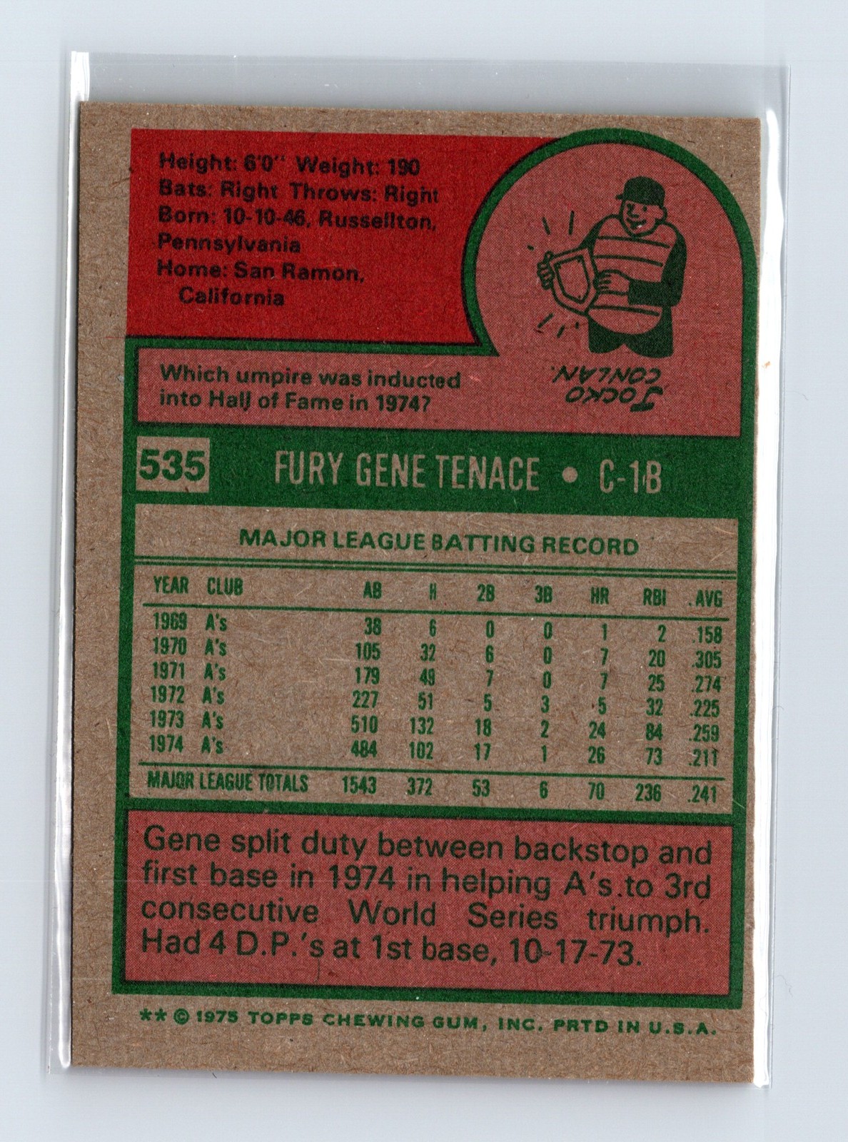 1975 Topps Baseball - SET BREAK - #535 Gene Tenace - Image 2