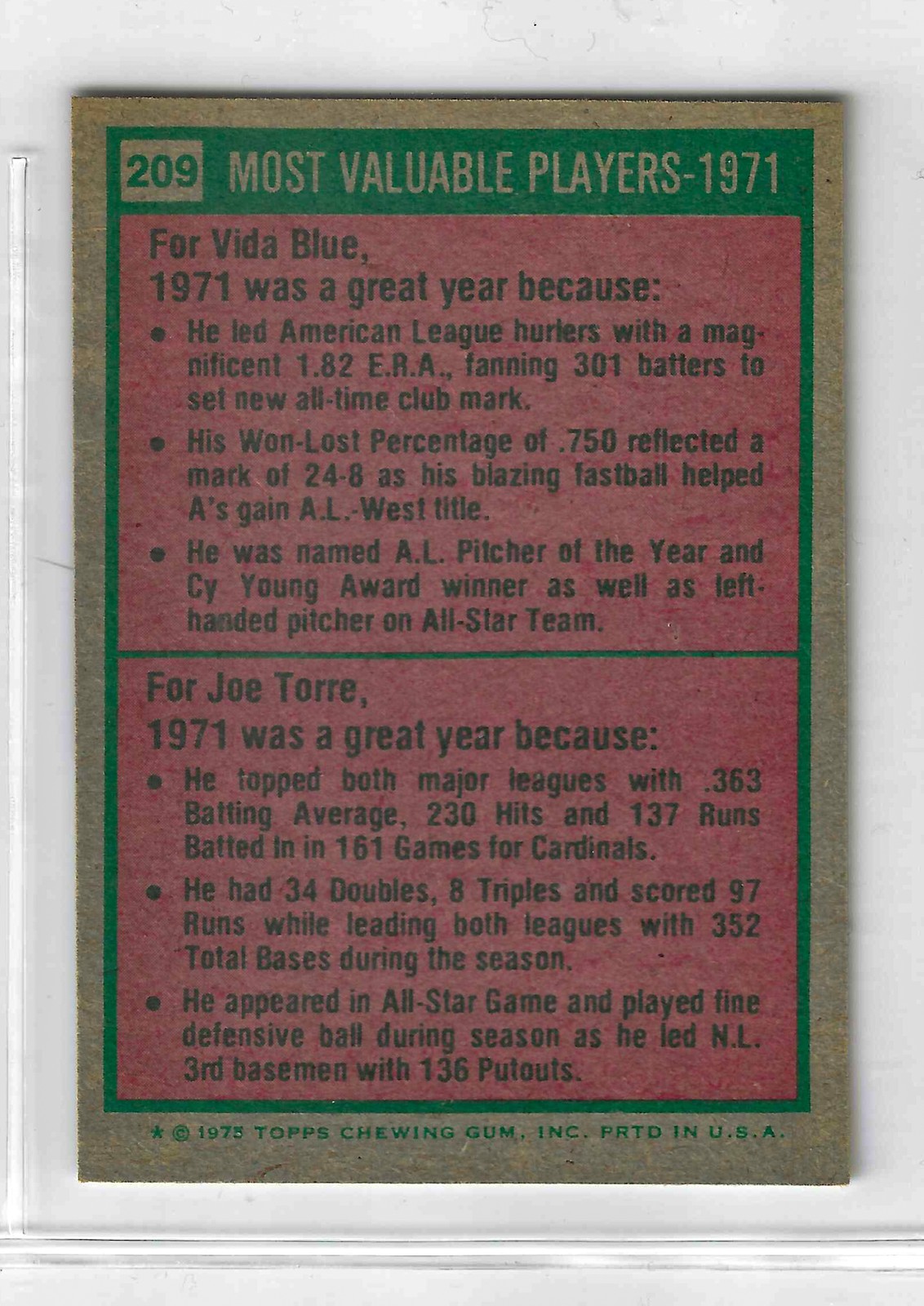 1975 Topps MINI Baseball - SET BREAK - Vida Blue / Joe Torre #209 - Image 2
