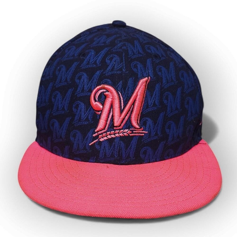 Vintage New Era Milwaukee Brewers MLB 59FIFTY Fitted Hat Size 7 Pink Brim Excell