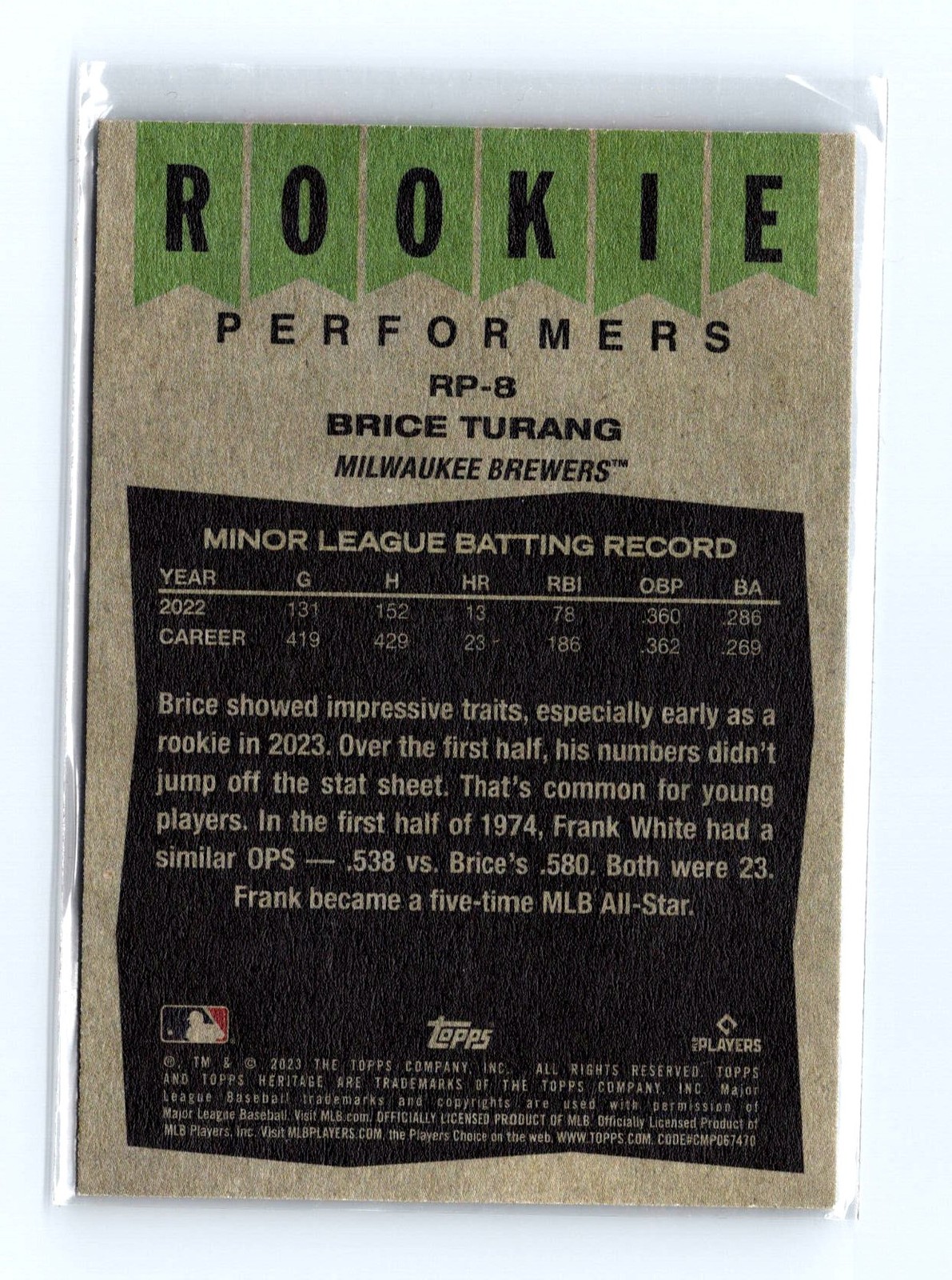 2023 Topps Heritage #RP-8 Brice Turang Rookie Performers - Image 2
