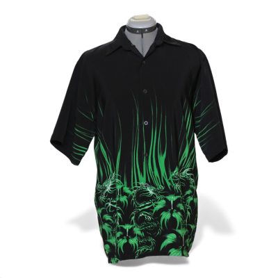 Shaolin Shirt Authentic Men's XL Black Green Dragon Flame Short Sleeve Button Up