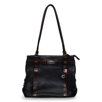 Vintage Brighton Large Shoulder Bag Black Brown Leather Croco Trim GOOD